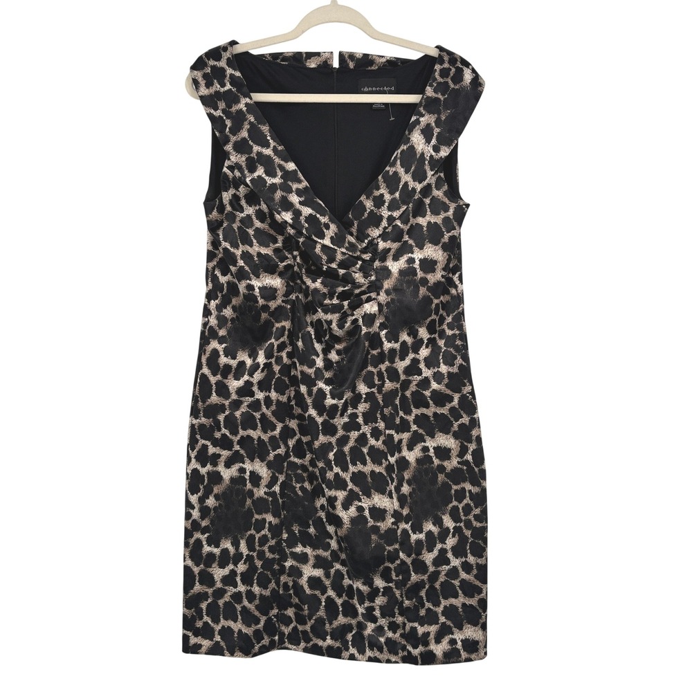 Connected Apparel Womens 12 Sheath Dress Leopard Print Ruched V-Neck Cocktail